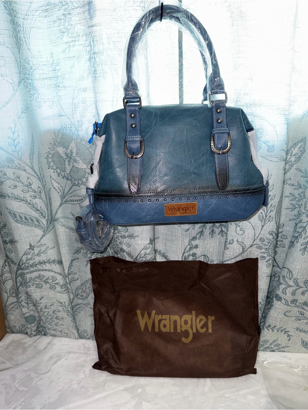 Wrangler Teal Blue Leather Satchel with Stud Trim